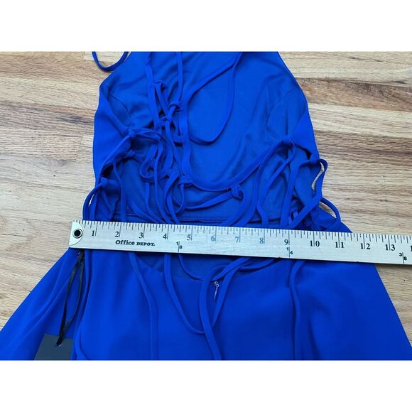 Lulus Good Deeds Women's Dress Fit & Flare Skater Mini Lace-Up Apron Neck S Blue - Picture 5 of 10